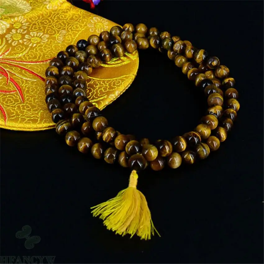 

8mm Tiger's Eye Gemstone Tassel Mala necklace 108 Beads Lucky Wristband natural Reiki MONK Unisex Handmade