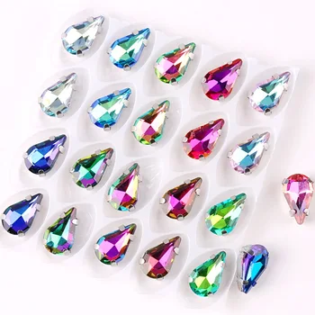 

Silver claw settings Crystal 8*13mm 50pcs/bag Rainbow colors & jelly AB glass slim water drop shape Sew rhinestones garment diy