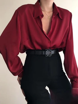 

Newest Elegant Women Shirt Long Sleeve Casual Loose Button Down Shirt For Lady Work Office Clothes Black Red 3 Colors Plus Size