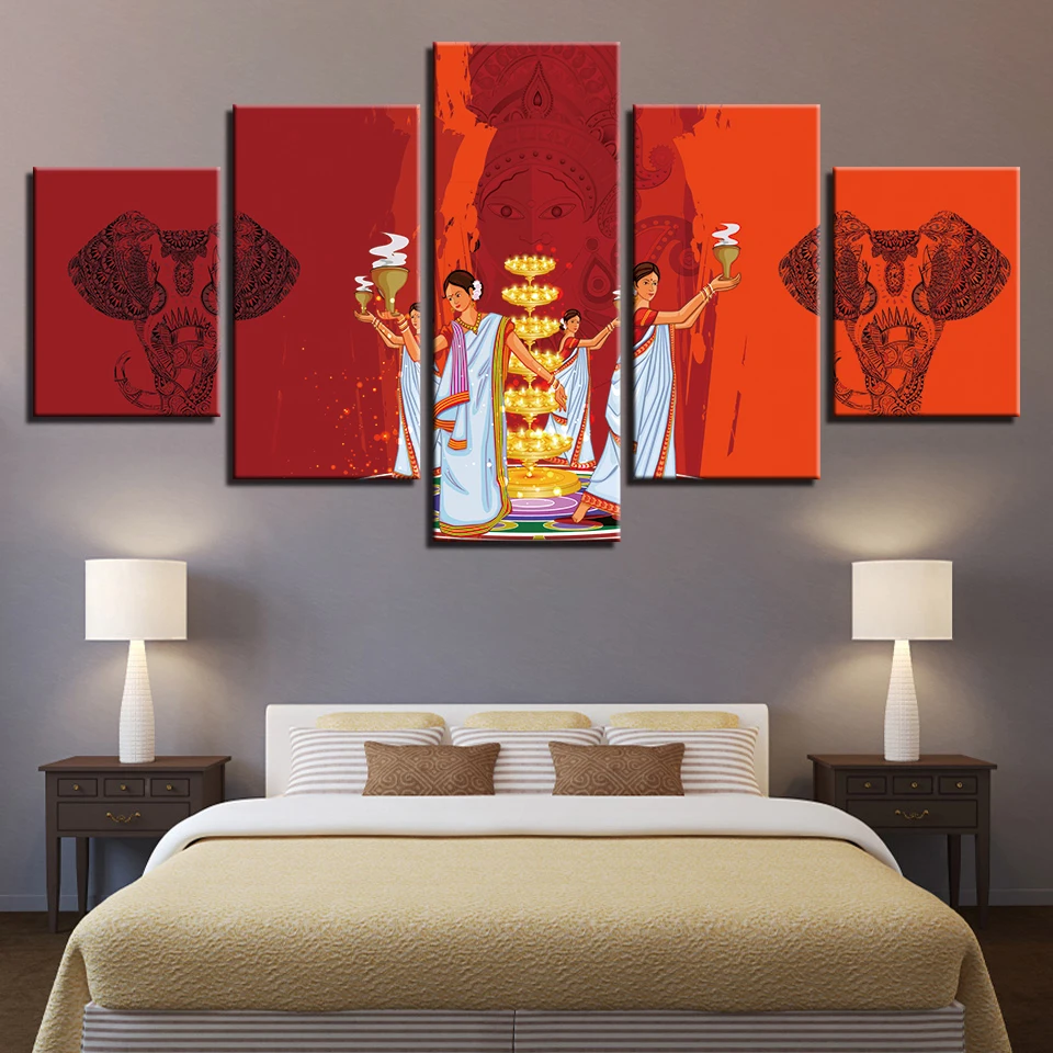 Us 5 81 40 Off Canvas Picture Hd Printed Poster Modular 5 Piece Indian Character Animal Elephant Bedroom Painting Wall Home Decor Art Framework In