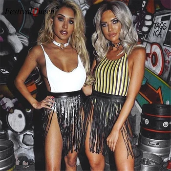 

Black White Faux Leather Skirts Long Tassel Adjustable Waist Punk Rock Sexy Women Slim Night Clubwear Party Skirt Fashion 2019