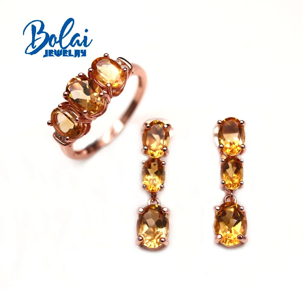 

Bolaijewelry, розовое золото, Стерлинговое Серебро 925 пробы, натуральный цитрин, кольцо, серьги, ювелирный набор, Простой Модный женский бутик, ювелирное изделие