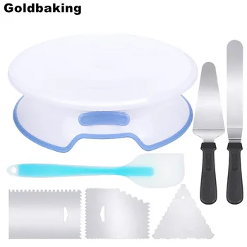

7PCS Baking Tool Cakes Turntable Angled Frosting Spatul Comb Icing Smoothers Silicone Spatulas Pie Server Cutter Revolving Stand