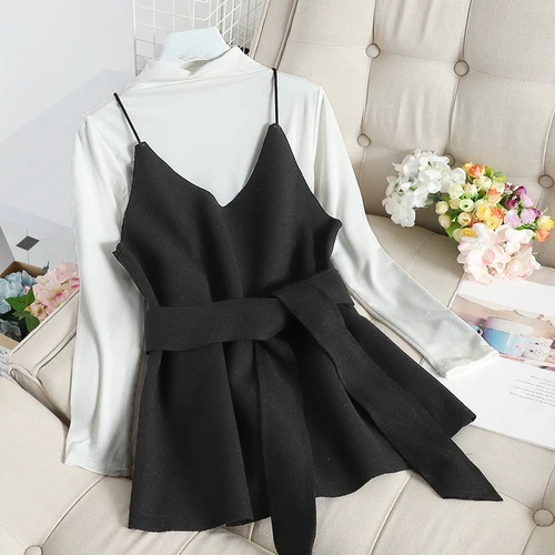 Neploe/комплект из 2 предметов в Корейском стиле пуловер с высоким воротником и длинными рукавами+ шерстяной жилет на шнуровке для женщин, элегантный комплект из 2 предметов, 54861 - Цвет: white black