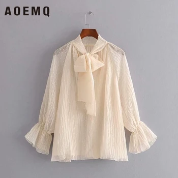 

AOEMQ Spring Women Chiffon Shirt With Bow Women Long Sleeve Sweet Blouses Shirts With Petal Sleeve Women Tops New Arrival
