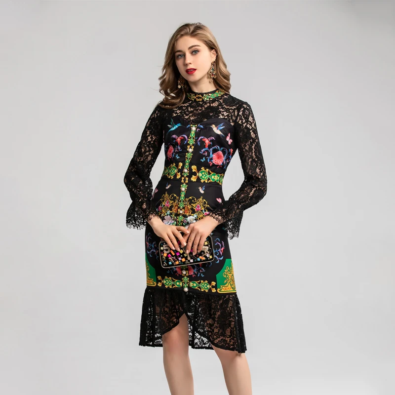 SEQINYY роскошное платье Лето Весна модный дизайн женское кружевное платье с цветочным принтом высокое качество Кристальные бусины облегающее Платье До Колена