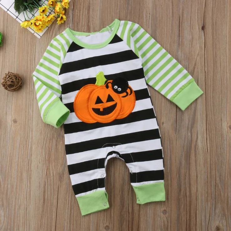 Halloween Pumpkin Children Stripe Climbing Spring and Autumn Cotton Round Neck Long Sleeve Casual Cute for Baby Toddler Boy Girl