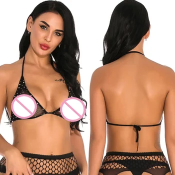 

Delicate Women Daily Sexy Seamless Halter Fishnet Lingerie Shiny Diamond Bandage Bra Honeymoon Black Underwear Sleepwear 2020