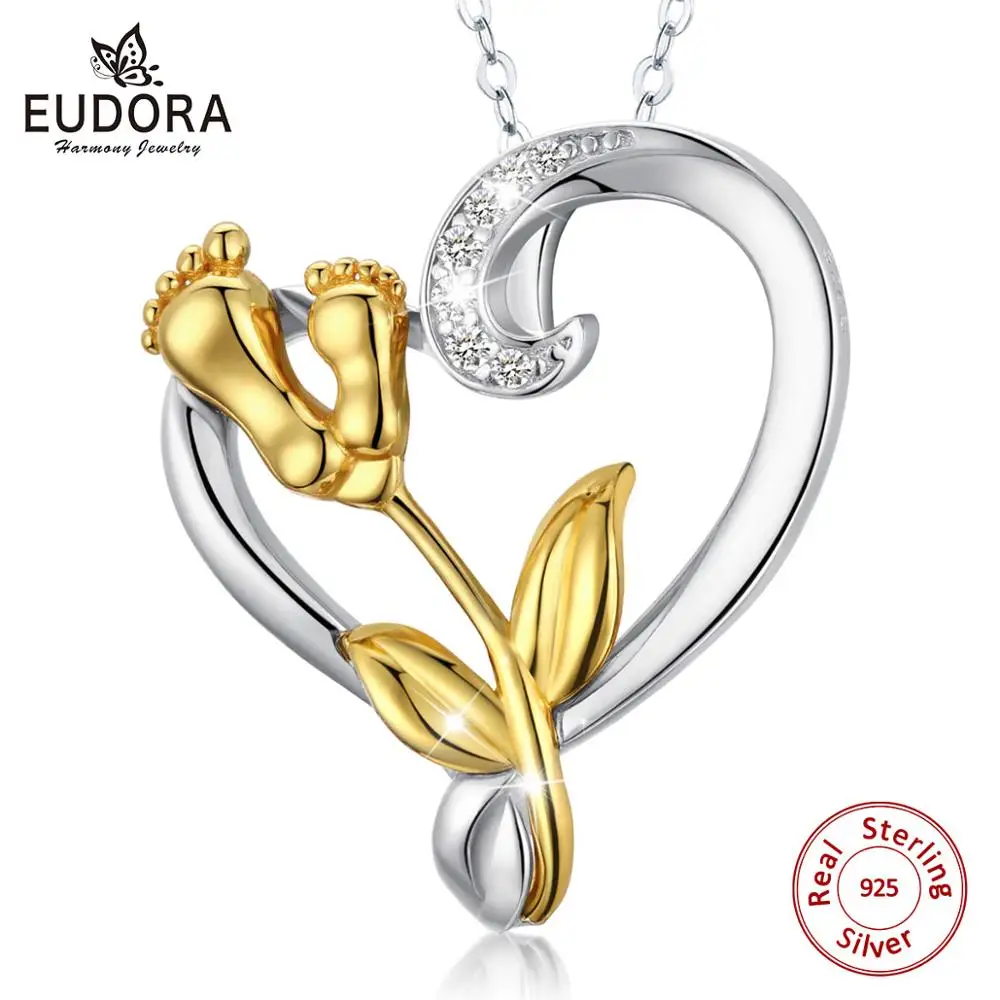EUDORA 925 пробы Серебряное популярное ожерелье с детскими следами сердце CZ золотым