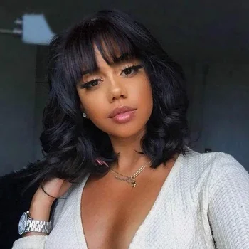 Short Bob Wigs With Bangs Body Wave Human Hair Wig With Bangs Brazilian Short Curly Wig For Women Full Density Machine Made Wigs 1