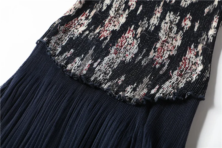 Mesh Patchwork Print Dress Pleated Short Sleeves Knee-Length O-Neck Women Dresses Autumn Plus Size Floral Elegant Dress