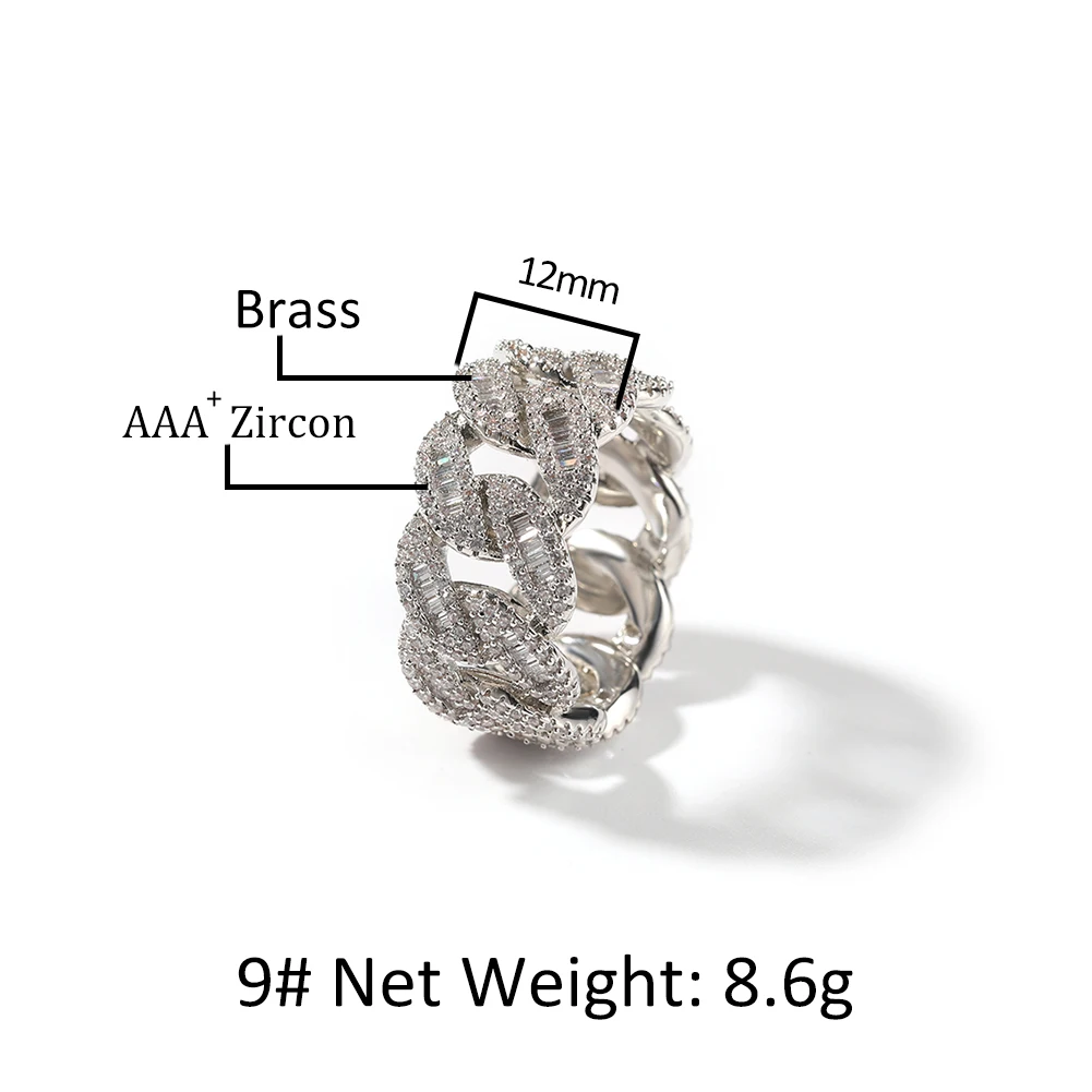 THE BLING KING Miami Cuban Link Ring Full Paved Out Baguettecz Cubic Zirconia Engagement Ring HipHop Punk Jewelry For Men Women