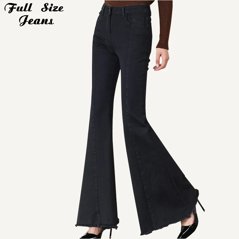 Plus Size Big Bell-Bottom Stretch Black Denim Long Jeans For Women 5Xl 7Xl Autumn Winter Wide Leg Tassel Skinny Flare Pants Plus Size Big Bell-Bottom Stretch Black Denim Long Jeans For Women 5Xl 7Xl Autumn Winter Wide Leg Tassel Skinny Flare Pants