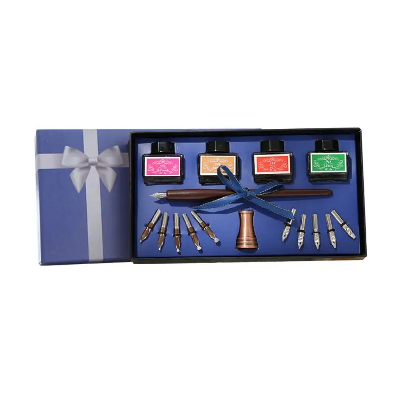 1 Set Wooden Caligraphy Dip Pen with Ink Gift Hook Line Signature Fountain Pens with Ink Nibs Set Offices School Stationery Gift