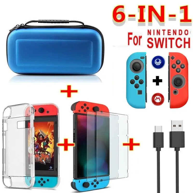 blue 6 в 1 Набор аксессуаров для игр, сумка для переноски, защитный чехол для экрана, кабель для зарядки - Цвет: blue
