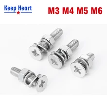 M3m4m5m6 aço inoxidável 304 cabeça redonda parafuso cruz porca junta conjunto completo almofada de mola combinação