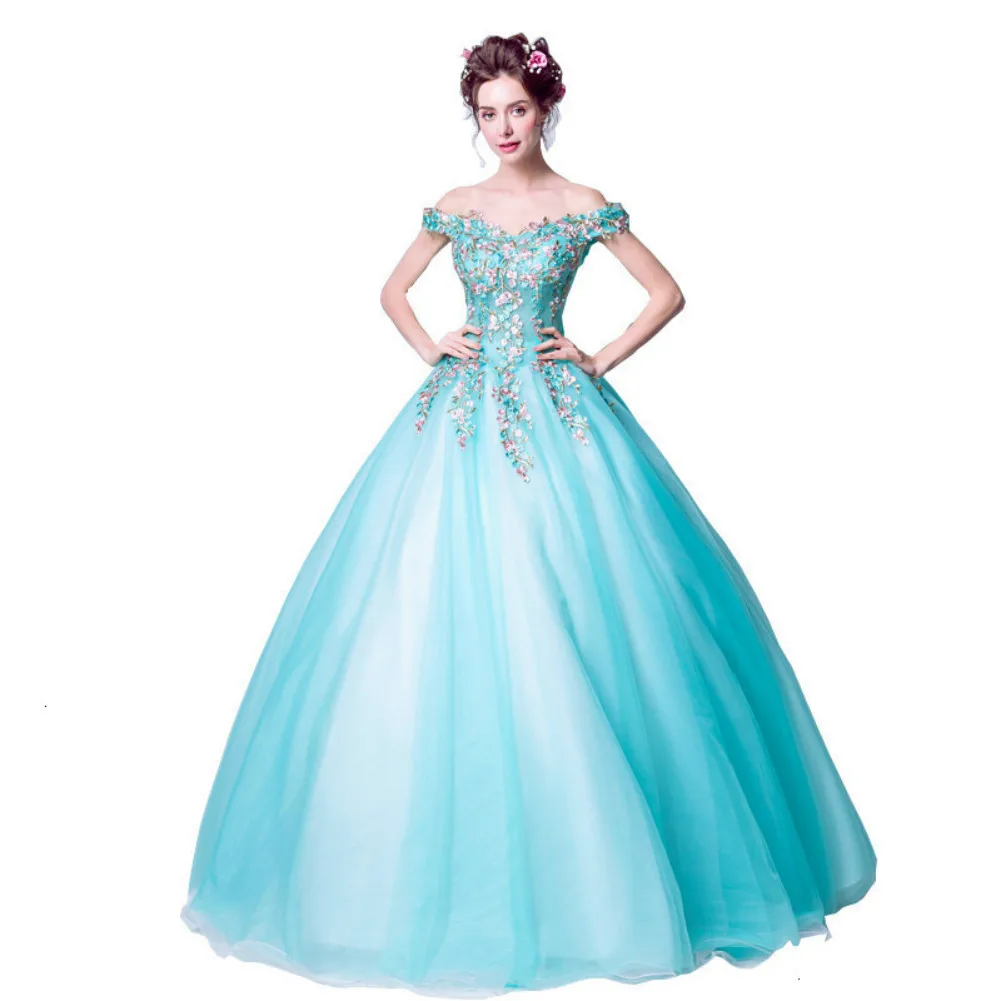

Ball Gown Off the Shoulder Formal Dresses Long Party Gown 2019 Turquoise Blue Evening Dresses Embroidery Flower Pearl