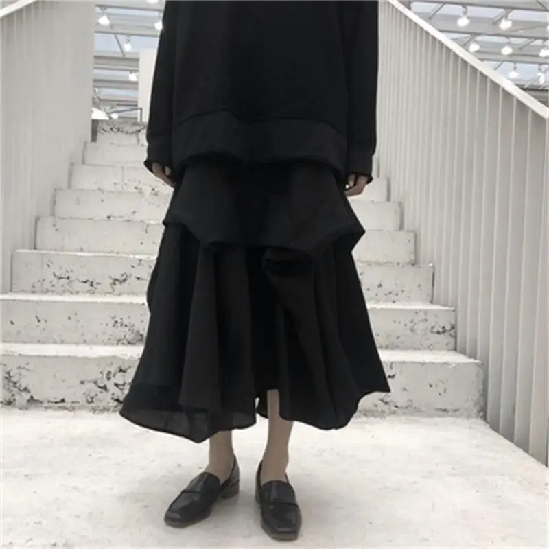 Women's Half Skirt Spring And Autumn New Solid Color Elastic Waist False Double Layer Design Irregular Hem Pleated Half Skirt