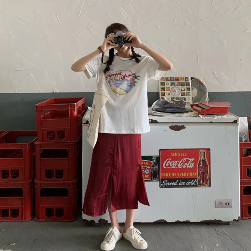 

WOMEN'S Suit 2019 New Style Summer Loose Printing Short-sleeved T-shirt + Versatile Mid-length Slit Slimming A- line Skirt