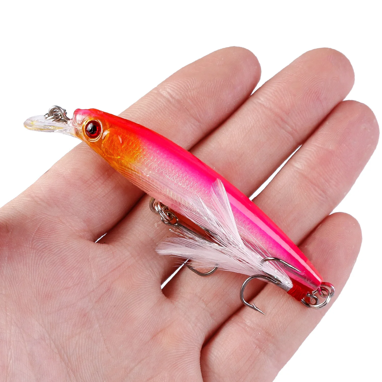 DHYJSFDC 1Pcs Laser 3D Eyes Bionic Minnow Fishing Lure 90mm 7.2g Artificial  Hard Bait with Feather Treble Hook Fishing Bait - AliExpress