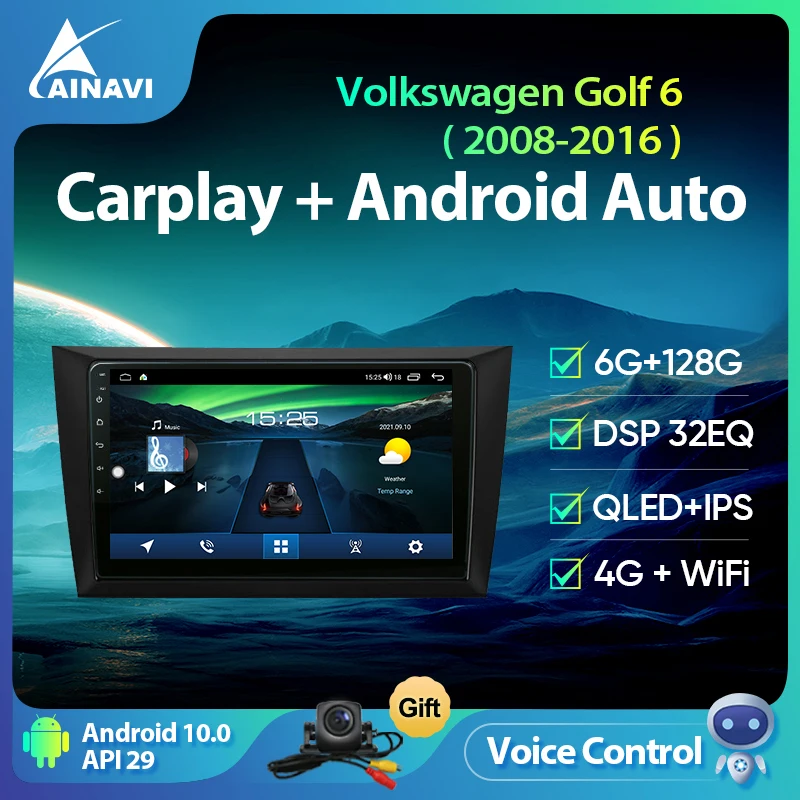 Ainavi Android 10 0 автомобильный радиоприемник 8 ядер QLED для Volkswagen Golf 6 2008-2016