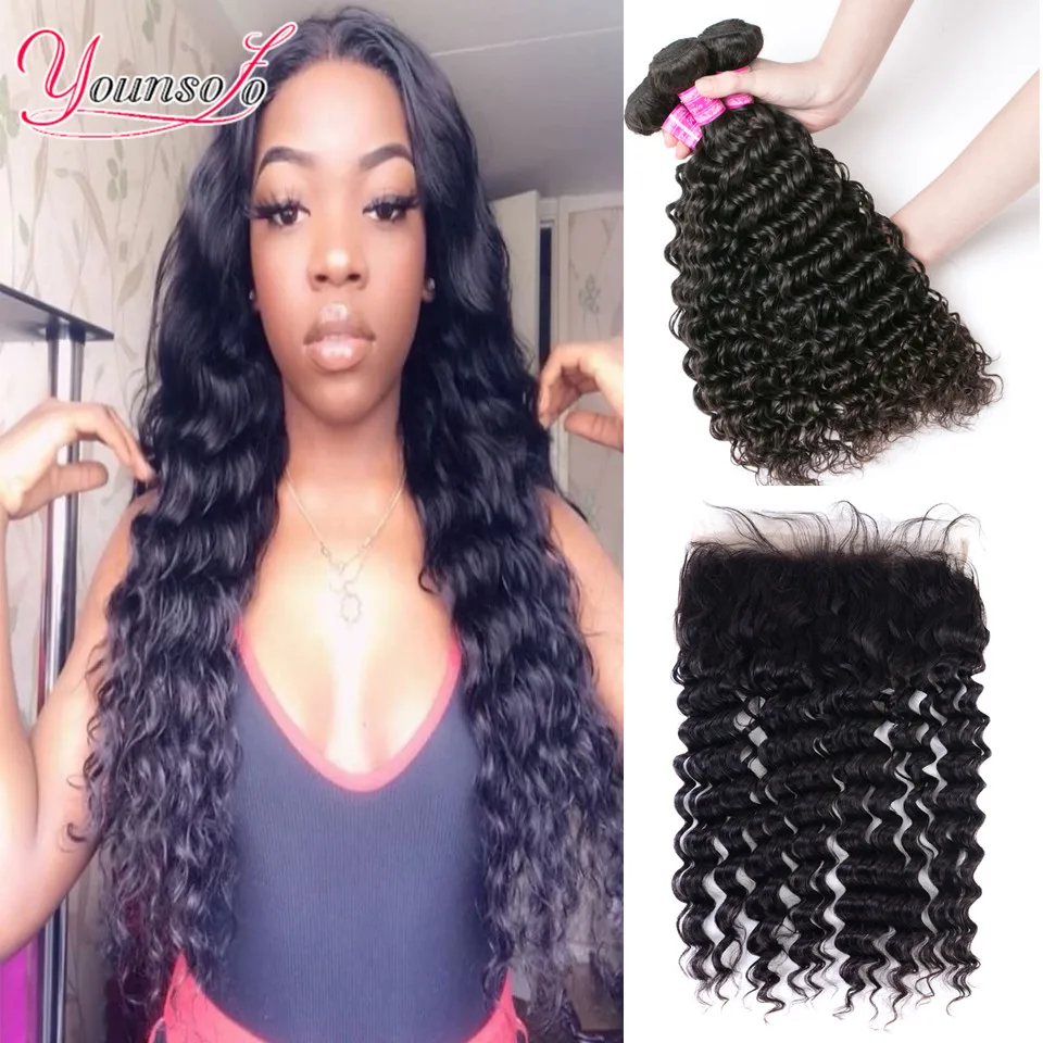 

Younsolo 360 Lace Frontal with Bundles Malaysian 100% Human Hair Deep Wave Bundles with Frontal Closure Remy Hair Weaving