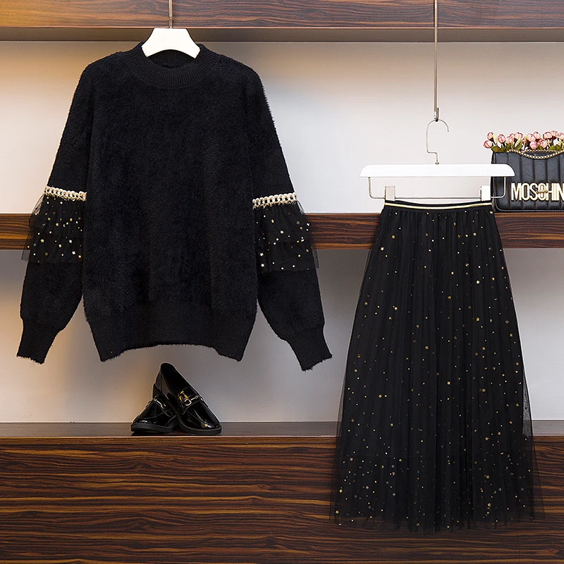 Зимний теплый норковый свитер размера плюс и длинные юбки с эластичной резинкой на талии, женский черный Рождественский костюм с плиссированной юбкой средней длины
