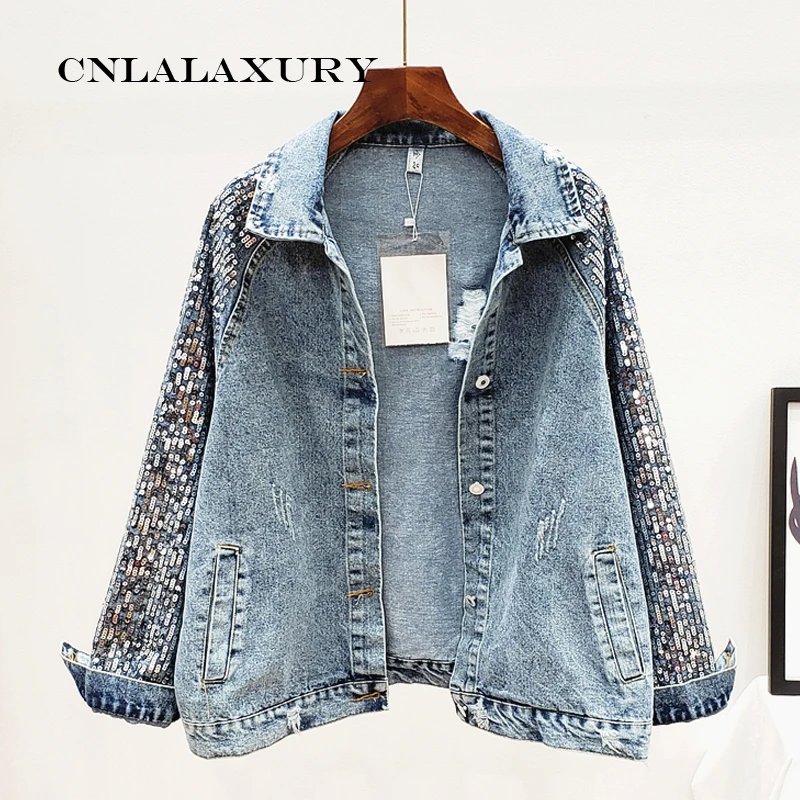 

2019 Hole Long Sleeve Jeans Jacket autumn Sequin Denim Jackets Women asual Basics Coat Women Loose Streetwear Outerwear