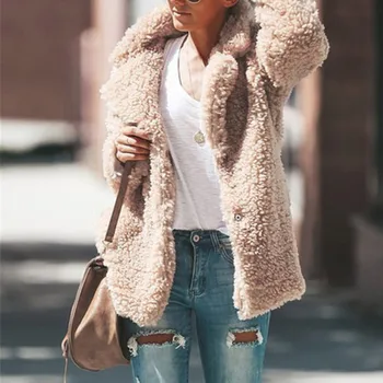 

Autumn Winter NewJacket Women Loose Solid Color Lapel Casual Pocket Long Sleeve Warm Cashmere Wool Coat chaqueta mujer