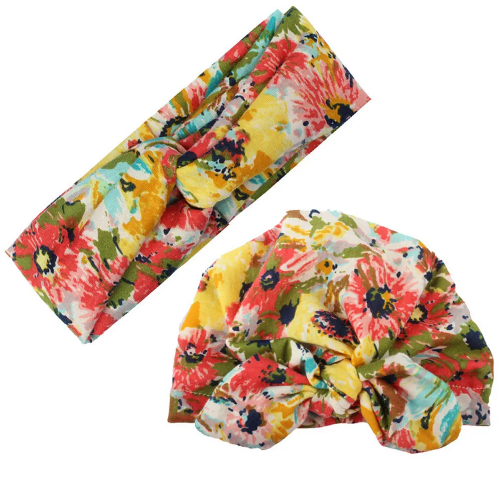 2 шт новорожденный реквизит шляпы-головные повязки милый малыш мальчик девочка тюрбан хлопок печати зимняя шапочка с узлом Детские аксессуары для волос - Цвет: Цвет: желтый