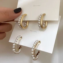 Шикарные Модные золотые геометрические открытые круглые двухслойные жемчужные серьги с буквой C для женщин и девушек, подарки, аксессуары