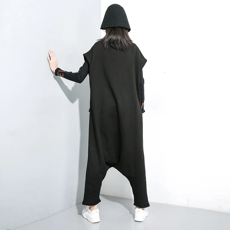 [EAM] Loose Fit Women Black Pocket Split Big Size Jumpsuit New High Waist Pocket Stitch Pants Fashion Spring Autumn 2020 1K031