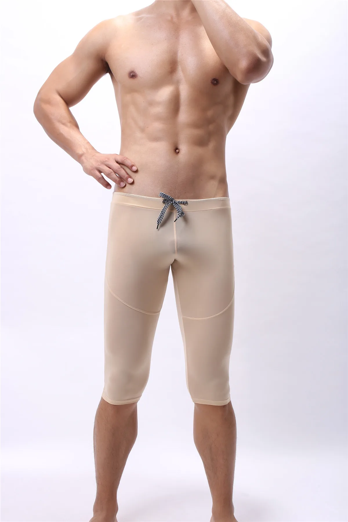 Beige Мужское нижнее белье Cueca Masculina Bulge Pouch, длинные штаны средней длины, боксеры, тонкие шорты для фитнеса, Длинные боксеры, трусы для сна M-XXL - Цвет: Beige