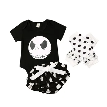 

0-18M Newborn Baby Girl Short Sleeve Bodysuit Tops Dot Ruffles Bloomers Shorts Leg Warmer 3PCS Outfits Halloween Clothes Set