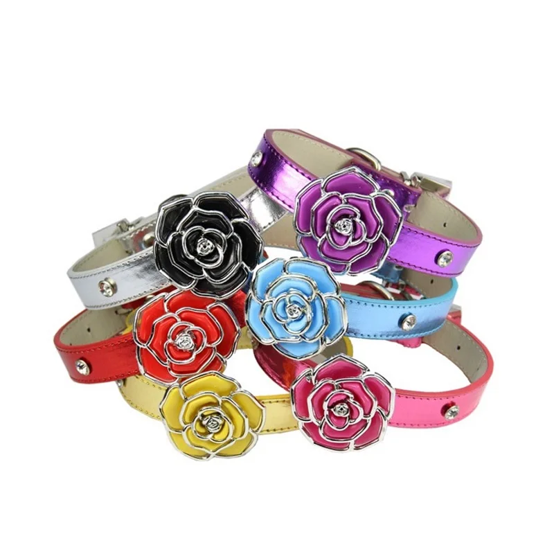 Graceful pet dog cat rose collar adjustable PU belt with rhinestone 6 color pet supplies WB753