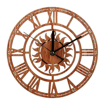 

Wooden Openwork Carved Wall Clock Modern Hanging Clock Novel Sun Shaped Clock With Roman Numeral Wall Art Home Decor