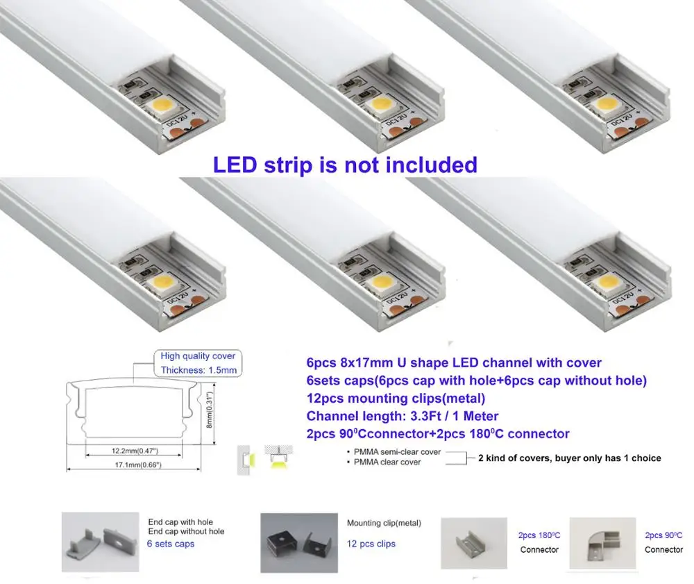 6-Packx3.3ft/1 метр 8x17 мм u-образный светодиодный алюминиевый канал системы с крышкой, заглушки и монтажные зажимы 90+ 180C разъем