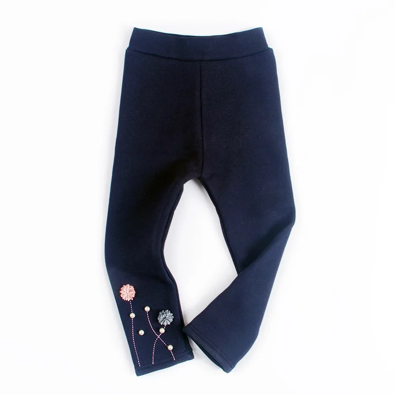 Navy Blue bead Детская зимняя одежда; шерстяные теплые брюки из 95 хлопка; плотные леггинсы с бусинами и цветами; узкие брюки-карандаш для маленьких девочек - Цвет: Navy Blue bead