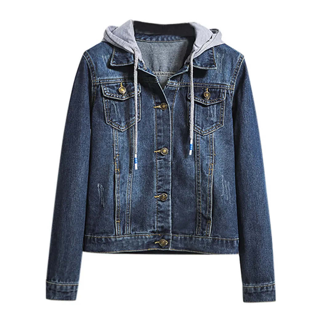 Женская джинсовая куртка с длинным рукавом повседневная капюшоном и карманами в