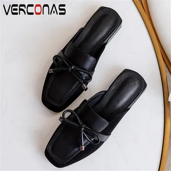 

VERCONAS Woman Pumps Mules Woman Sandals Genuine Leather Classic Design Summer Butterfly-Knot Square Toe Square Heel Shoes Woman