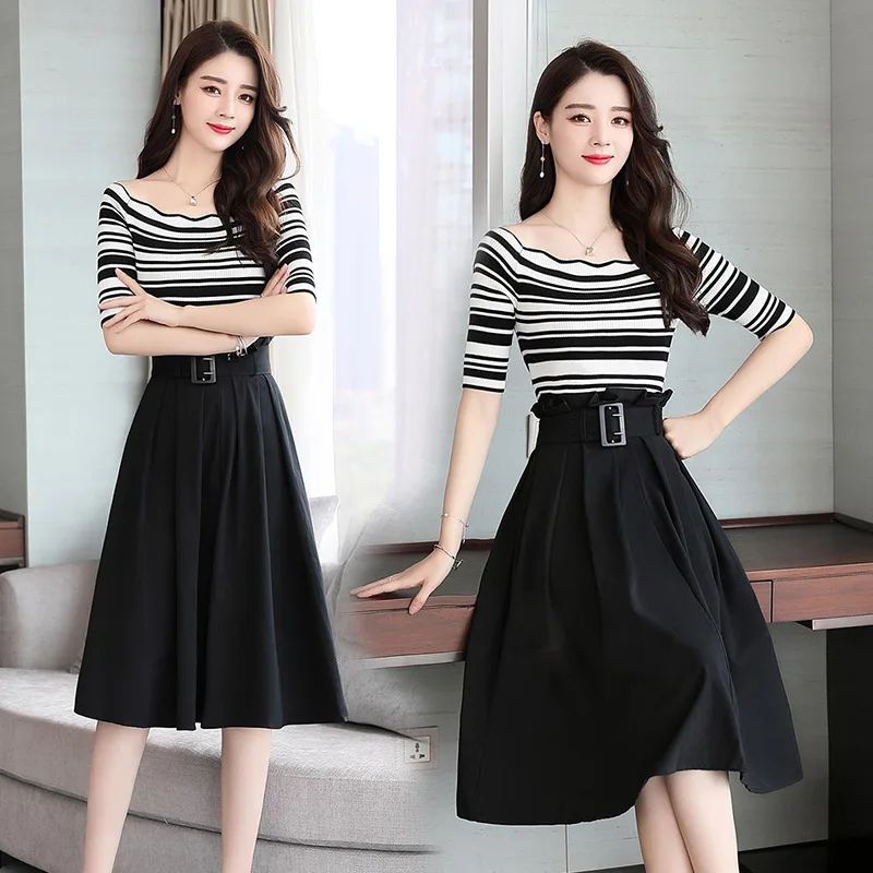

2019 Spring New Style WOMEN'S Dress-Style Stripes Knitted Piece Dress Korean-style Elegant Slim Fit Set Skirt
