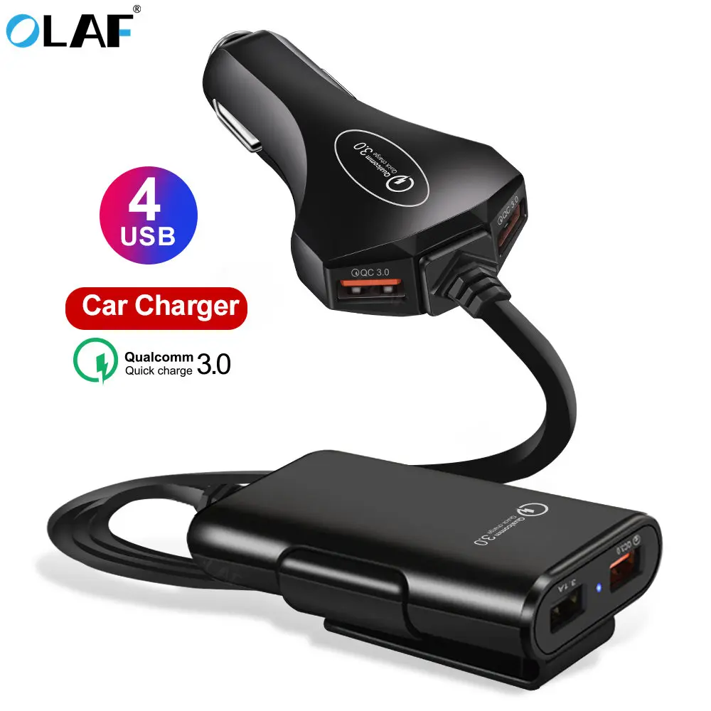 

Quick Charge 3.0 Car Charger 3.1A 4 USB Port with 6ft Extension Cord Cable for Back Seat Charge With A Clip iphone smart phone