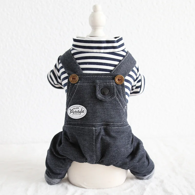 Autumn and Winter Newest Striped Design White Pink Colors Dog Clothes with Denim Trousers Four-legged Pet Dog Clothes