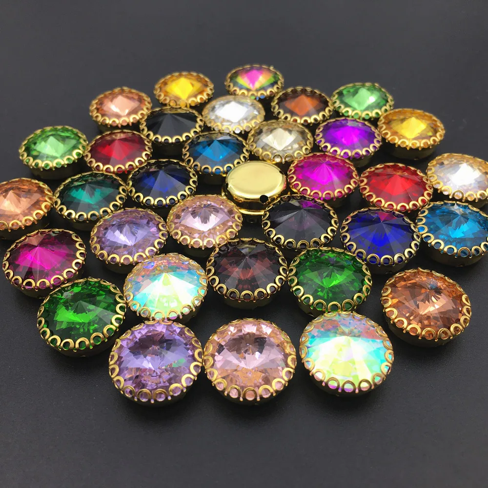 6mm 18mm 라운드 Rivoli 모양 Strass 라인 석에 바느질 골드베이스 레이스 클로 유리 크리스탈 라인 석 Diy 의류 액세서리