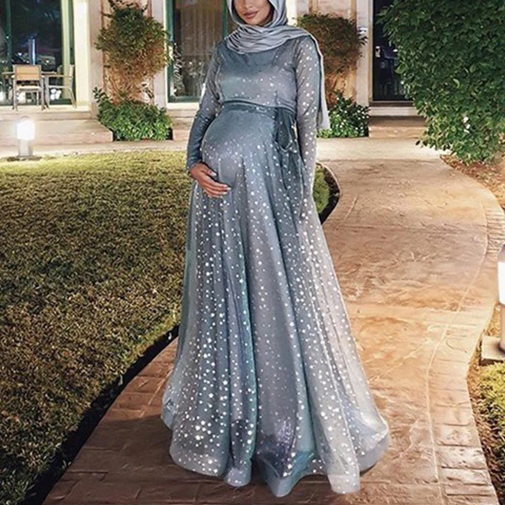Women Long Maxi Digital Print Polyester Cocktail Crew Neck Fashion Gown Evening Maternity Dress Long Sleeve Muslim Party Summer