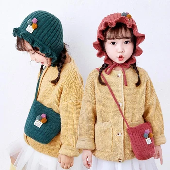 

High Quality Handmade Coin Purse Wool knitting Children Messenger Bag Autumn Winter Cute Little Girl's Bag Kid Warm Knitted Hat