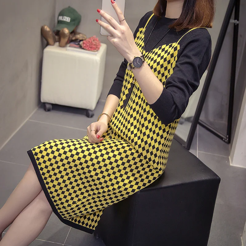 Milinsus Autumn Winter Large Size Women Knitted Dresses Girl Contrast Color Plaid Ladies Long Sleeve Vintage Elegant Dress - Цвет: yellow