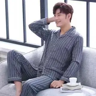 gray mens pyjama Домашняя одежда, одежда с длинным рукавом, дышащая хлопковая Пижама, Пижама для мужчин, комплект из 2 предметов - Цвет: gray mens pyjama
