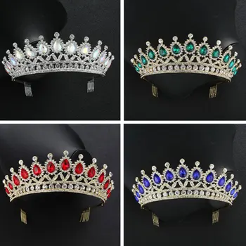 

2019 New AB Green Red Blue Crystal Tiaras Gold Rhinestone Pageant Crowns With Comb Baroque Wedding Hair Jewelry Accessories