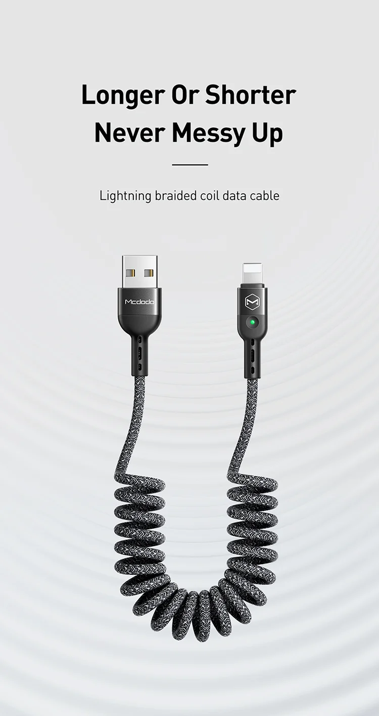 Mcdodo пружинный Выдвижной светодиодный легкое Зарядное устройство USB кабель для iPhone xs max xr 8 7 6s plus 5 11 pro кабель-удлинитель для быстрой зарядки 2 м